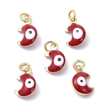 Brass Enamel Charms, Real 18K Gold Plated, with Jump Rings, Moon with Evil Eye, Cadmium Free & Lead Free, Red, 11x7x3.5mm, Hole: 2.6mm