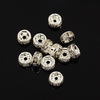 Brass Rhinestone Spacer Beads, Grade AAA, Straight Flange, Nickel Free, Silver Color Plated, Rondelle, Crystal, 5x2.5mm, Hole: 1mm