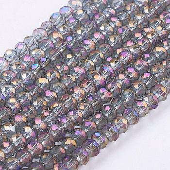 Electroplate Glass Beads Strands, Faceted Rondelle, Full Rainbow Plated, Dark Violet, 3.5x2.5~3mm, Hole: 1mm, about 165~169pcs/strand, 15~16 inch(38~40cm)
