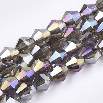 Electroplate Glass Beads Strands, AB Color Plated, Faceted, Bicone, Olive, 6x5.5~6mm, Hole: 1mm, about 44~47pcs/strand, 24.5~25cm