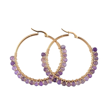 Beaded Hoop Earrings, with Natural Amethyst Beads, Golden Plated 304 Stainless Steel Hoop Earrings and Cardboard Packing Box, 50mm, Pin: 0.6x1mm