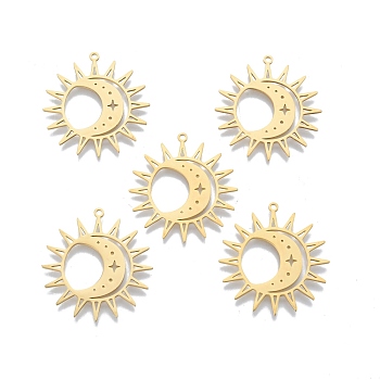 201 Stainless Steel Pendants, Sun with Moon, Real 18K Gold Plated, 30.5x29x1mm, Hole: 1.4mm