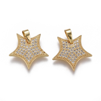 Brass Micro Pave Cubic Zirconia Pendants, Star, Clear, Real 18K Gold Plated, 21x22.5x2.5mm, Hole: 5x8mm