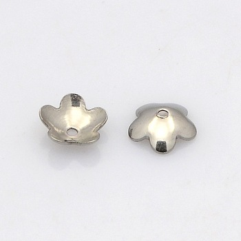 5-Petal 201 Stainless Steel Flower Bead Caps, Stainless Steel Color, 6x2mm, Hole: 0.7mm