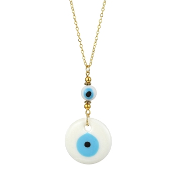 Lampwork Evil Eye Pendant Necklace, with Brass Cable Chains, Golden, 15.55 inch(39.5cm)