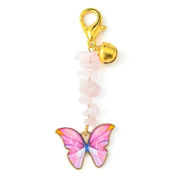 Alloy Enamel Butterfly Pendant Decoration, Natural Rose Quartz Chips and Lobster Claw Clasps Charms, 64mm
