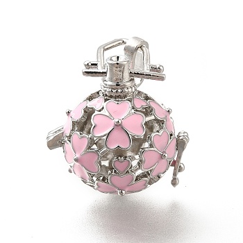 Alloy Enamel Bead Cage Pendants, Hollow Clover Charm, for Chime Ball Pendant Necklaces Making, Platinum, Pink, 34mm, Hole: 6x3mm, Bead Cage: 26x25x21mm, 18mm Inner Size.