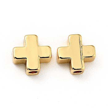 Brass Beads, Cadmium Free & Lead Free, Cross, Real 18K Gold Plated, 6x6x2.5mm, Hole: 1.2mm