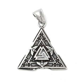 304 Stainless Steel Manual Polishing Pendants, Triangle with Valknut, Antique Silver, 35x32.5x2.5mm, Hole: 4x8.5mm
