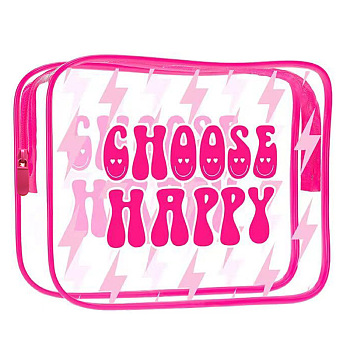 Transparent PVC Cosmetic Pouches, Waterproof Clutch Bag, Toilet Bag for Women, Hot Pink, Word Choose Happy, 20x15x5.5cm