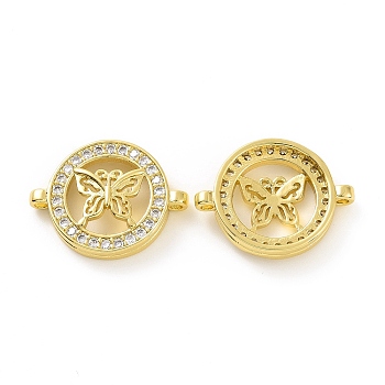 Rack Plating Brass Micro Pave Clear Cubic Zirconia Connector Charms, Long-Lasting Plated, Cadmium Free & Lead Free, Flat Round Links with Butterfly Pattern, Real 18K Gold Plated, 16x21x4mm, Hole: 1.5mm