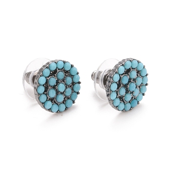 Bohemian Synthetic Turquoise Flat Round Stud Earrings, Alloy Jewelry for Women, Gunmetal, Turquoise, 11x11x2.5mm, Pin: 0.6mm