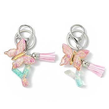 Resin & Acrylic Keychains, with Alloy Split Key Rings and Faux Suede Tassel Pendants, Letter & Butterfly, Random Gradient Color, Letter Y, 8.6cm