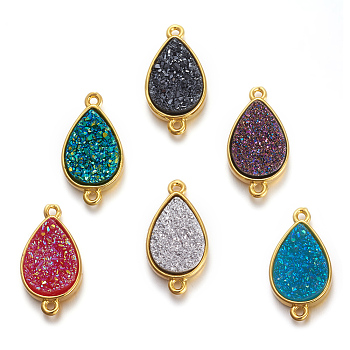 Brass Links connectors, with Druzy Resin, Golden Plated Color, teardrop, Mixed Color, 19x10.5x5.5mm, Hole: 1.2mm