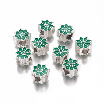 Alloy Enamel European Beads, Large Hole Beads, Flower, Antique Silver, Green, 11x7mm, Hole: 4.5mm