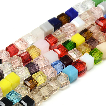 Faceted Transparent Glass Cube Beads Strands, Mixed Color, 6x6x6mm, Hole: 1mm, about 100pcs/strand, 22 inch