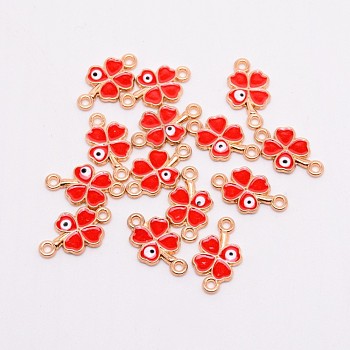 Golden Plated Alloy Links, with Enamel, Clover with Evil Eye, Red, 19.6x12x2mm, Hole: 1.6mm