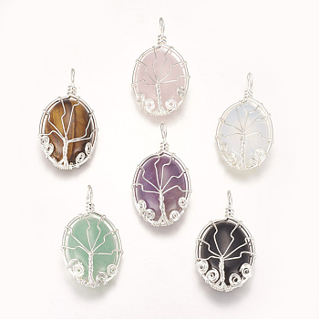 Natural & Synthetic Mixed Stone Pendants, with Brass Findings, Oval with Tree, Silver Color Plated, 39~39.5x22~23x9~10mm, Hole: 4mm