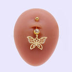 316L Surgical Stainless Steel Micro Pave Clear Cubic Zirconia Belly Rings, Golden, Butterfly, Bar Length: 3/8"(10mm), Pin: 1.6mm(FS-WGA8928-02)