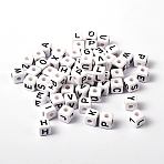 Chunky Letter Acrylic Cube Beads for Kids Jewelry, Horizontal Hole, White, Size: about 10mm, Hole: about 3mm(X-PL37C9447)