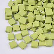 2-Hole Glass Seed Beads, Rubberized Style, Rectangle, Yellow Green, 5x4.5~5.5x2~2.5mm, Hole: 0.5~0.8mm(SEED-S023-31C-06)