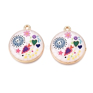 Printed Rack Plating Alloy Enamel Pendants, Golden, Flat Round with Eye & Heart Charm, Colorful, 28.5x25x4mm, Hole: 1.8mm(ENAM-T020-02A)