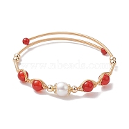 Natural Carnelian Round Beaded Cuff Bangle, Golden Brass Wire Wrapped Bangle, Inner Diameter: 2 inch(5~5.15cm)(BJEW-JB10113-03)
