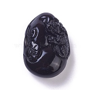 Feng Shui Natural Obsidian Pendants, Carved Teardrop with Pixiu, 34.5x24x12.5mm, Hole: 1.5mm(G-I226-08)