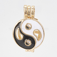 Feng Shui Alloy Enamel Diffuser Locket Pendants, Cage Pendants, Flat Round with YinYang, Black & White, Golden, 22.5x15x10mm, Hole: 3.5x4.5mm, Inner Diameter: 8.5mm(X-PALLOY-Q362-005G)
