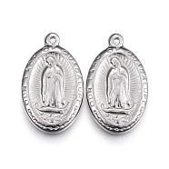 304 Stainless Steel Lady of Guadalupe Pendants, Oval with Holy Virgin Mary, Stainless Steel Color, 23x14x2.5mm, Hole: 1.2mm(STAS-H363-03)