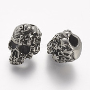 304 Stainless Steel European Beads, Skull, Large Hole Beads, Antique Silver, 15.5x11x11.5mm, Hole: 4mm(STAS-P144-08AS)
