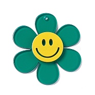 Transparent Acrylic Big Pendants, Sunflower with Smiling Face Charm, Teal, 55x50.5x6mm, Hole: 2.5mm(OACR-P012-A05)