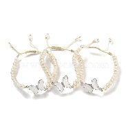 Natural Quartz Crystal Braided Round Bead Bracelets, Adjustable Brass Rock Crystal Butterfly Bracelets for Women, Inner Diameter: 2-1/8~3-1/4 inch(5.5~8.1cm)(BJEW-K251-06C)