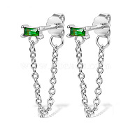 Rhodium Plated Platinum 925 Sterling Silver Chains Front Back Stud Earrings, with Rectangle Cubic Zirconia, Green, 48x4mm(PA4661-5)