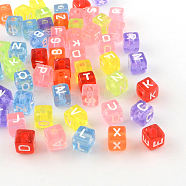 Transparent Acrylic European Beads, Random Mixed Letters, Horizontal Hole, Large Hole Cube Beads, Mixed Color, 10x10x10mm, Hole: 4mm, about 530pcs/500g(OPDL-S079-M)