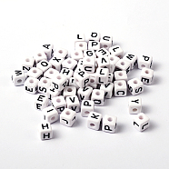 Chunky Letter Acrylic Cube Beads for Kids Jewelry, Horizontal Hole, White, Size: about 10mm, Hole: about 3mm(X-PL37C9447)