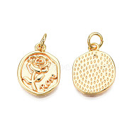 Brass Pendants, with Jump Rings, Nickel Free, Oval with Rose, Real 18K Gold Plated, 16.5x12x1.5mm, Jump Ring: 5x1mm, 3mm inner diameter(KK-N233-398)