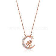 Chinese Zodiac Necklace Mouse Necklace 925 Sterling Silver Rose Gold Rat on the Moon Pendant Charm Necklace Zircon Moon and Star Necklace Cute Animal Jewelry Gifts for Women, Mouse, 15 inch(38cm)(JN1090A)