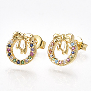 Brass Micro Pave Cubic Zirconia(Random Mixed Color) Ear Studs, with Ear Nuts, Bowknot, Golden, 9.5x9mm, Pin: 0.7mm(EJEW-S201-93)