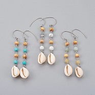 Round Natural & Synthetic Mixed Stone Dangle Earrings, with Cowrie Shell, Wood Beads and 304 Stainless Steel Earring Hooks, Stainless Steel Color, 85~89mm, Pin: 0.7mm(EJEW-JE02909)