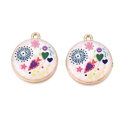 Printed Rack Plating Alloy Enamel Pendants, Golden, Flat Round with Eye & Heart Charm, Colorful, 28.5x25x4mm, Hole: 1.8mm(ENAM-T020-02A)