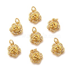 Brass Micro Pave Clear Cubic Zirconia Pendants, Long-Lasting Plated, Flower, Real 18K Gold Plated, 11x9x3.5mm, Hole: 3mm, Ring: 4x1mm(ZIRC-P086-22G)