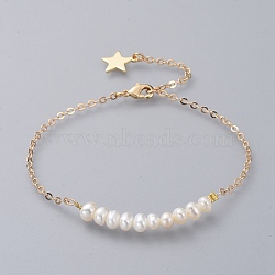 Beaded Bracelets, with Natural Pearl and Brass Cable Chains, Real 18K Gold Plated, 9 inch(23cm)(X-BJEW-JB04745-01)
