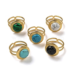 Ion Plating(IP) 304 Stainless Steel Open Cuff Rings, Synthetic Malachite & Turquoise Round Finger Rings for Women Men, Real 18K Gold Plated, Adjustable(STAS-Z060-06G)