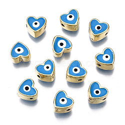 Alloy Enamel Beads, Cadmium Free & Lead Free, Light Gold, Heart with Eye, Dodger Blue, 7.5x8x5mm, Hole: 1.4mm(PALLOY-Q441-036B-RS)
