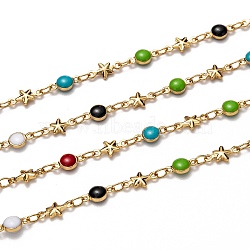 Handmade Brass Enamel Link Chains, with Spool, Long-lasting Plated, Soldered, Star & Flat Round, Golden, Colorful, Flat Round: 9x4.5x3mm, Star: 10x5x2mm, about 32.8 Feet(10m)/roll(CHC-I036-58A)