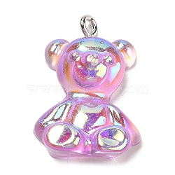 Transparent Resin Pendants, Iridescent Bear Charms with Platinum Plated Iron Loops, Plum, 24.5~25.5x17~18x8~8.5mm, Hole: 1.8mm(RESI-M033-01C)