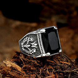316L Stainless Steel & Cubic Zirconia Men's Vintage Carved Finger Rings, Square, Gothic Statement Rings, Antique Silver, Black, US Size 9(18.9mm)(FS-WG82D33-12)