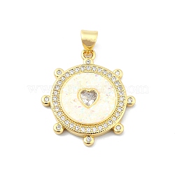 Brass Micro Pave Clear Cubic Zirconia Pendants, with Sythetic Opal, Flat Round with Heart, Real 18K Gold Plated, 25x22x3mm, Hole: 4x3.5mm(KK-A221-08G)