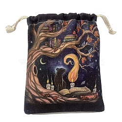 Canvas Cloth Packing Pouches, Drawstring Bags, Rectangle, Cat Pattern, 15~18x13~14cm(ZODI-PW0001-091-A07)